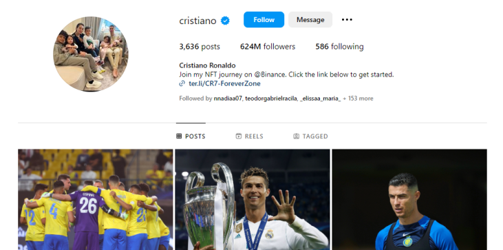 Krishtianu Ronalduning Instagram sahifasi